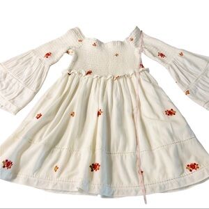 FREE PEOPLE CREAMY WHITE COLORED FRONT SMOCKED DRESS WITH RED FLOWER EMBROIDERY